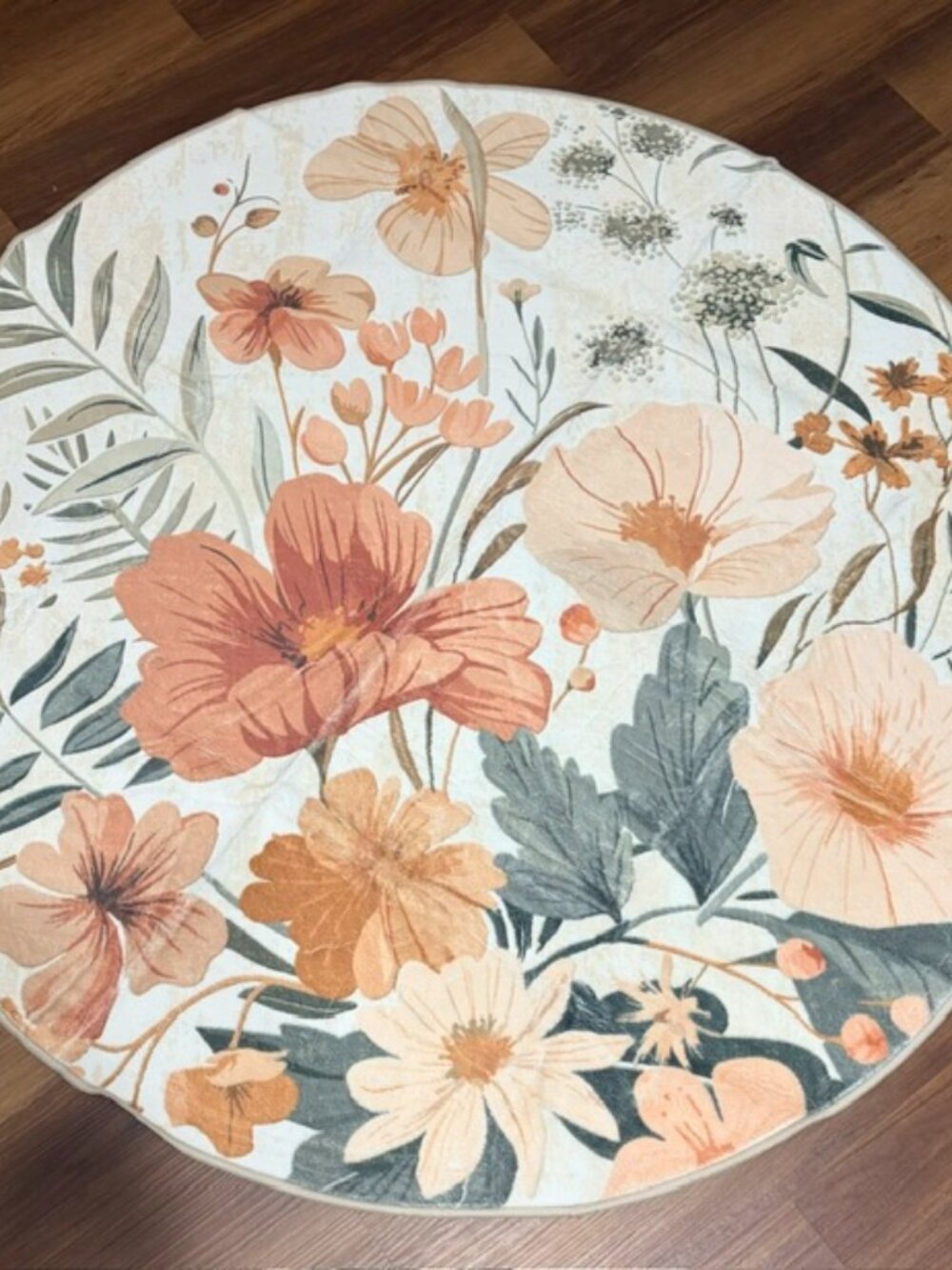 4ft Round Floral Area Rug – Soft Botanical Print (Rust, Sage & Cream) + Anti-Sli